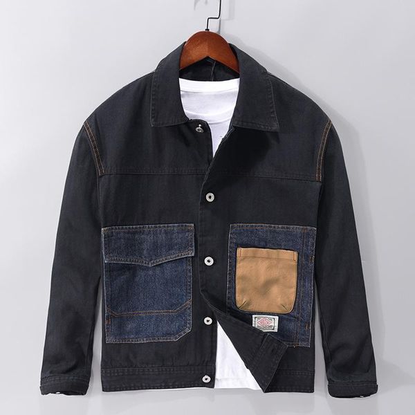 

men's jackets c8006 autumn denim jacket unique patchwork pocket fashion japan style fresh comfortable casual hip hop lapel long sleeve, Black;brown