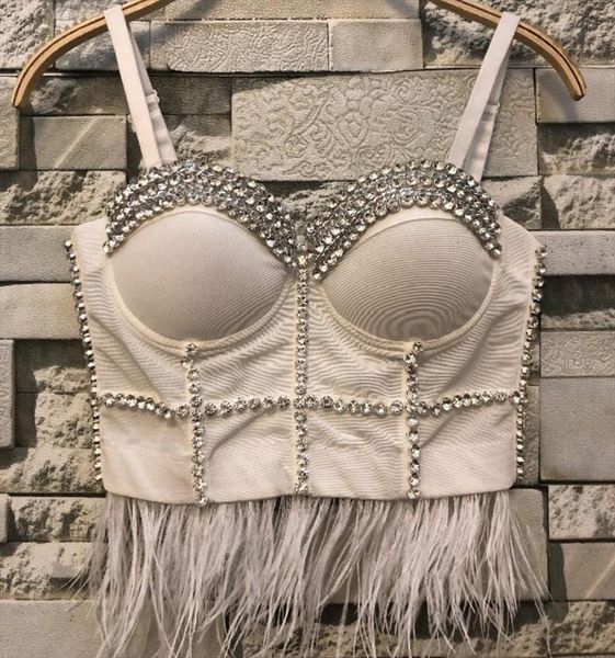 

short crop womens tanks water drill chain nail bead feather tassel sleeveless vest outside festival, White