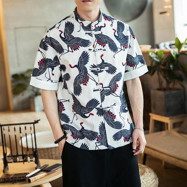 

#0519 summer floral printed short sleeve cotton linen shirt men mandarin collar vintage streetwear chinese style shirts male 5xl men's, White;black
