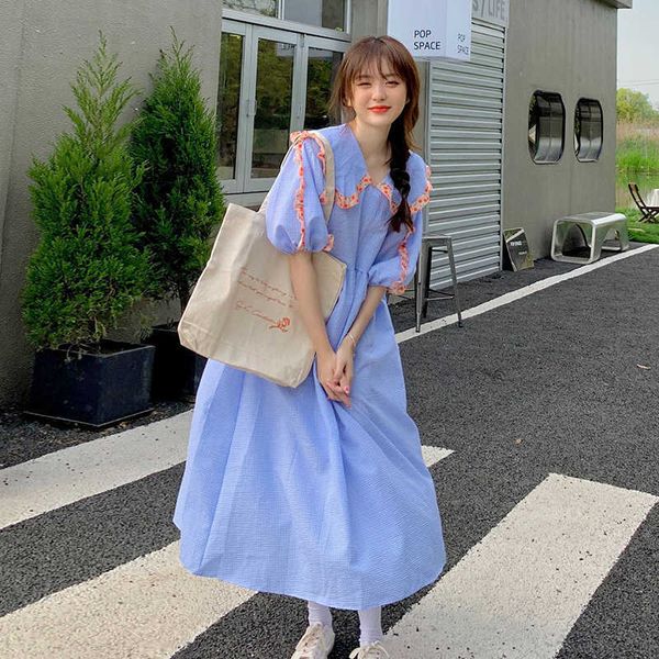 

loose puff short sleeve peter pan collar blue plaid dress women big swing sweet waist vestido feminino patchwork hit color 210610, Black;gray