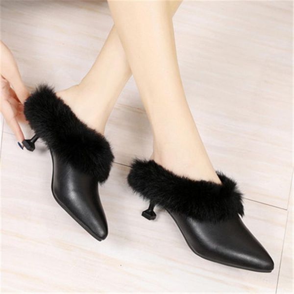 

slippers pointed toe mules women baotou slip on plush warm ladies fluffy furry female thick heels fur shoes black