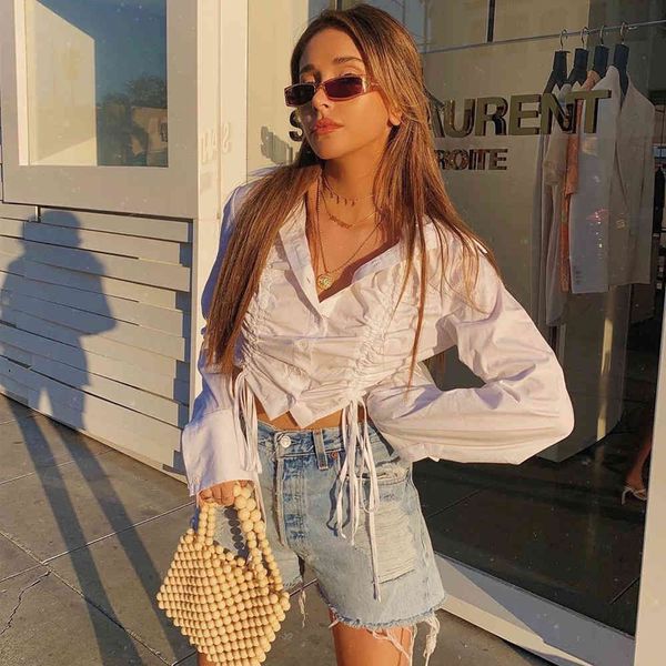 

white casual ruched lace up blouse shirt long sleeve autumn winter vintage cropped blouse office ladies 210415