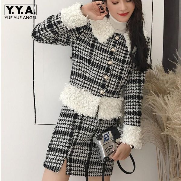

women's tracksuits autumn winter women elegant plaid long sleeve short coat high waist mini skirt 2 piece set ol style single breasted, Gray