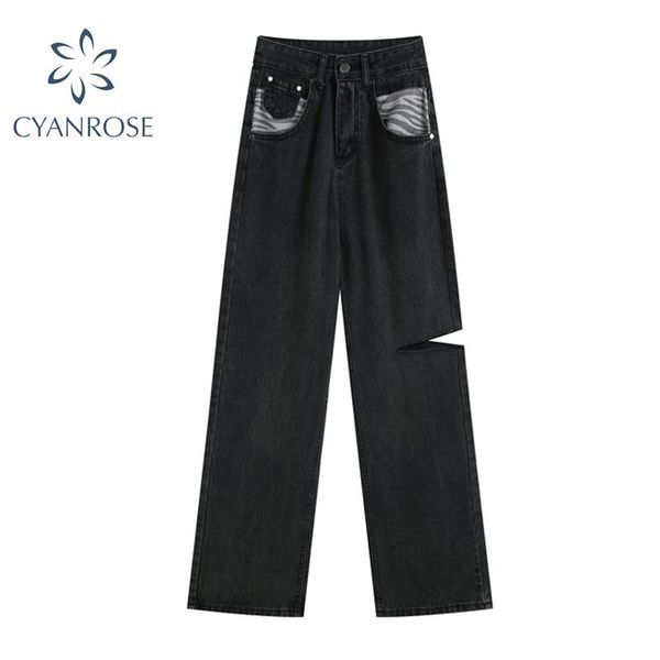 

women's jeans women high waist side ripped hole denim straighted tube long pants harajuku hip hop casual trouser female 2021 y2k, Blue
