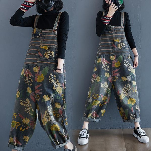

women's jumpsuits & rompers floral jumpsuit women loose strap striped printed spring autumn ripped jeans denim overalls wide leg pants, Black;white