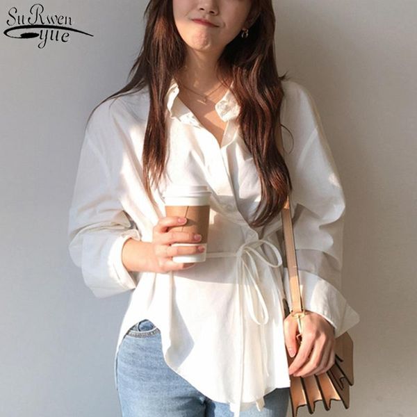 

fashion cotton casual lapel shirts korean style lace up slim solid female 2021 autumn long sleeve women's blouse 11249 blouses &, White