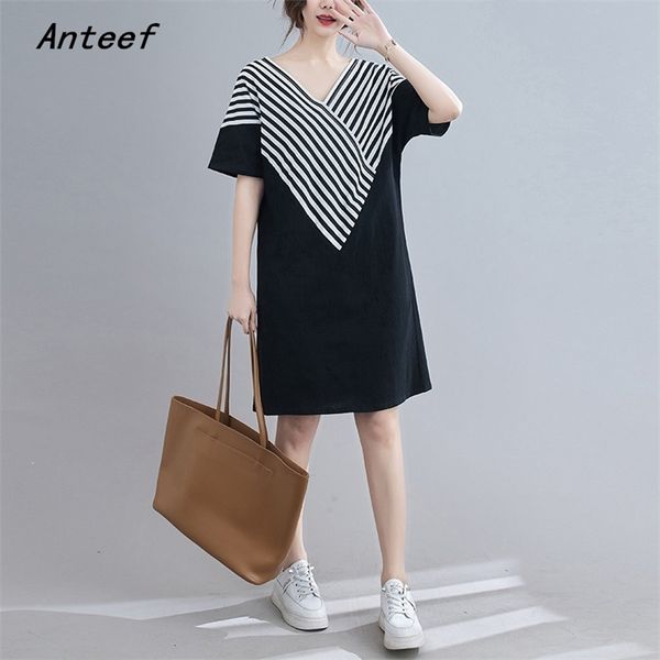 

short sleeve plus size cotton stripe dresses for women casual loose midi woman summer dress elegant clothes sundress 210517, Black;gray