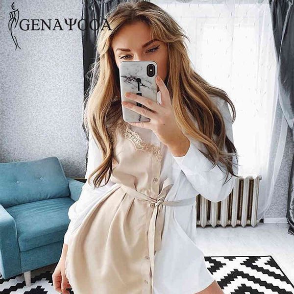 

genayooa women elegant white lace long sleeve black casual short korean t shirt dress 210417, Black;gray