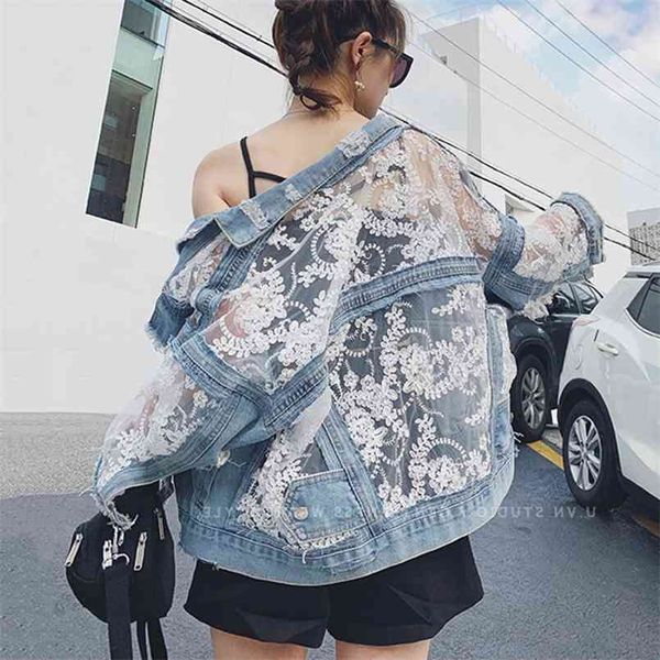 

streetwear lace patchwork jean hole denim jacket coat women oversized long sleeve perspective flower embroidery loose overcoat 210429, Black;brown