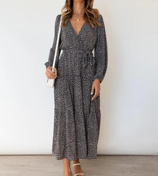 

casual dresses autumn fashion womens boho maxi polka dot printing high waist women's long sleeve v-neck sundress elegant lady dress, Black;gray