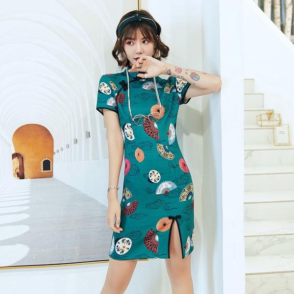 

ethnic clothing satin print fans cloud qipao slim cheongsam vintage button prom party dress gown lady mandarin collar short sleeve vest, Red