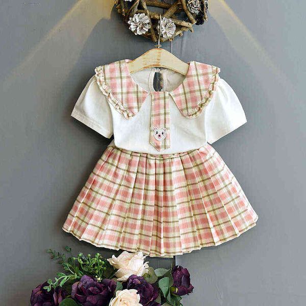 

gooporson summer little girls clothes cute plaid lace collar short sleeve shirt&skirt cartoon children clothing set kids outfits g220310, White