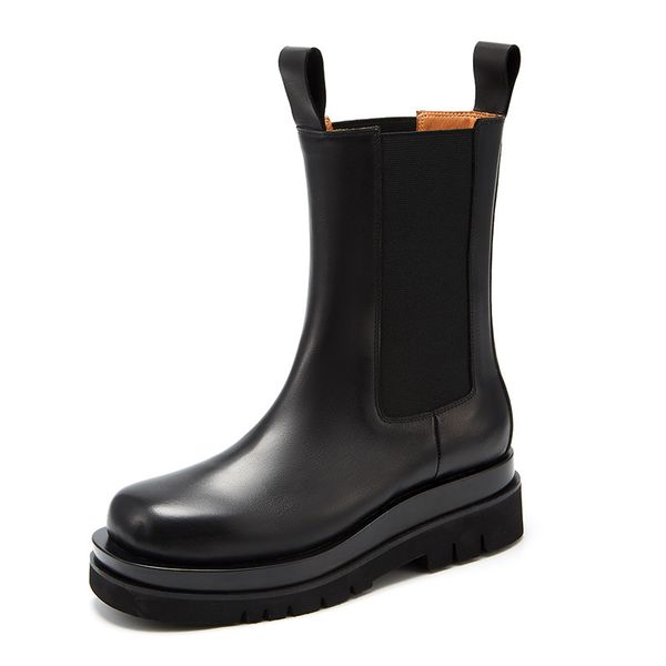 

new 2021 winter shoes men chelsea boots genuine leather waterproof no-slip snow boots keep warm mid-calf platform rainboots, Black