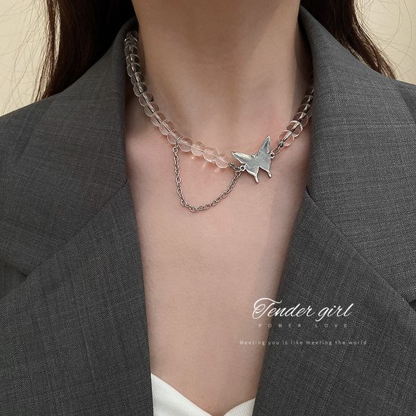 

crystal butterfly necklace fresh forest personality design sense clavicle chain french simple girl heart fashion jewelry, Black
