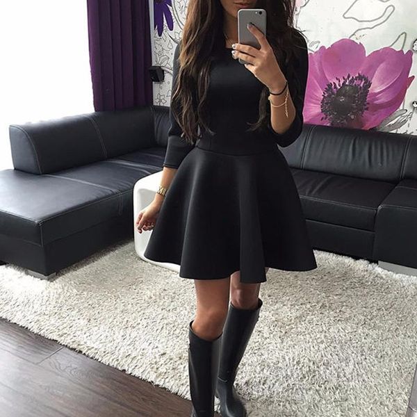 

casual dresses aecu spring autumn dress for women half-sleeve a-line solid pleated ladies evening party bodycon mini vestidos, Black;gray
