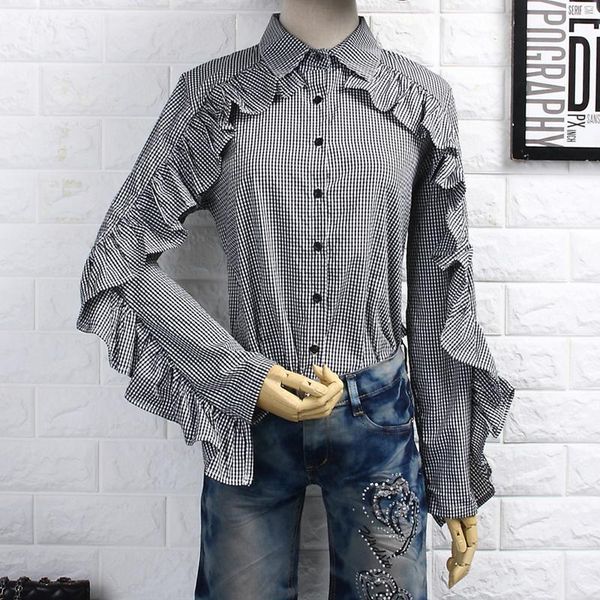 

women's blouses & shirts [alphalmoda] 2021 spring korean patchwork ruffles long sleeves loose striped blouse women casual clothing, White