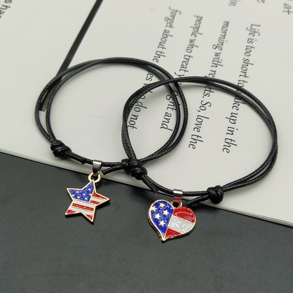 

united states flag bracelet star heart ajustable bracelet for men women friend gift 2 pcs fashion hand jewelry, Golden;silver