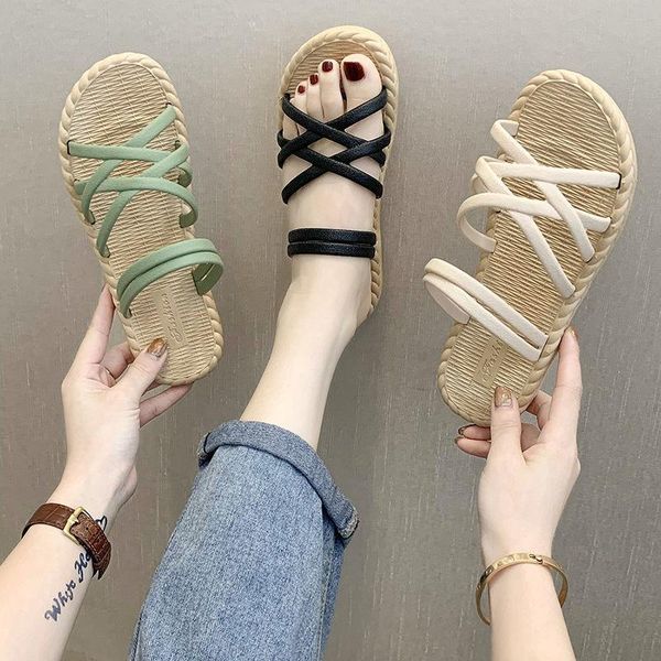 

sandals and slippers female summer wear wild korean ins net red roman style thick bottom beach fashion, Black