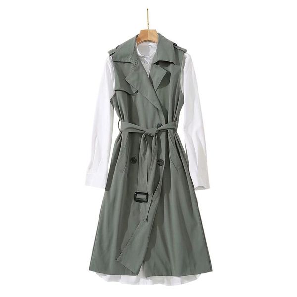 

women two pieces dress ladies office wear outfits military green / navy blue trench + long sleeve knee length white shirt casual dresses, Black;gray