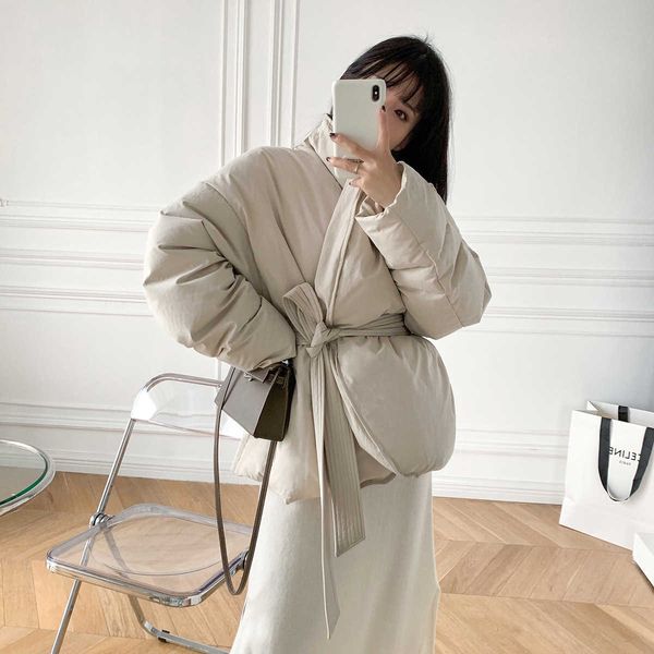 

korean minority designer's beige belt with small stand collar short warm down et