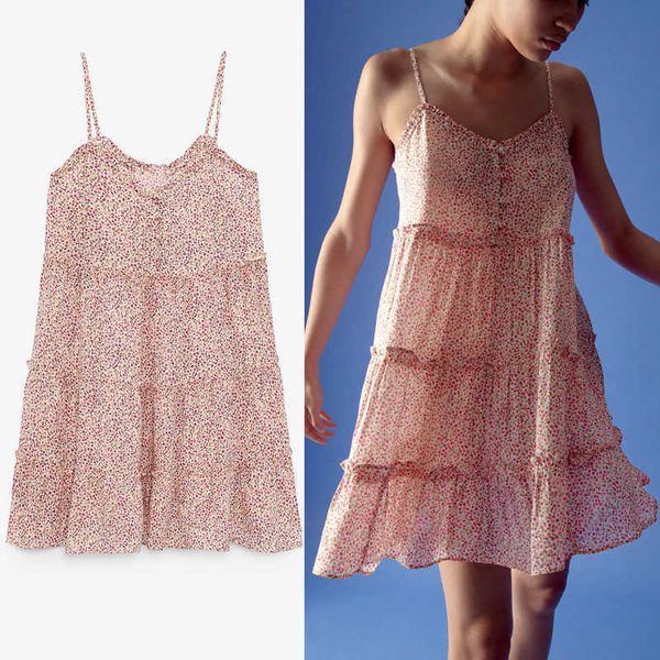 

za summer women ruffle flowers print straps dress sleeveless elegant mini sundress chic false buttons woman pleat dresses 210602, Black;gray