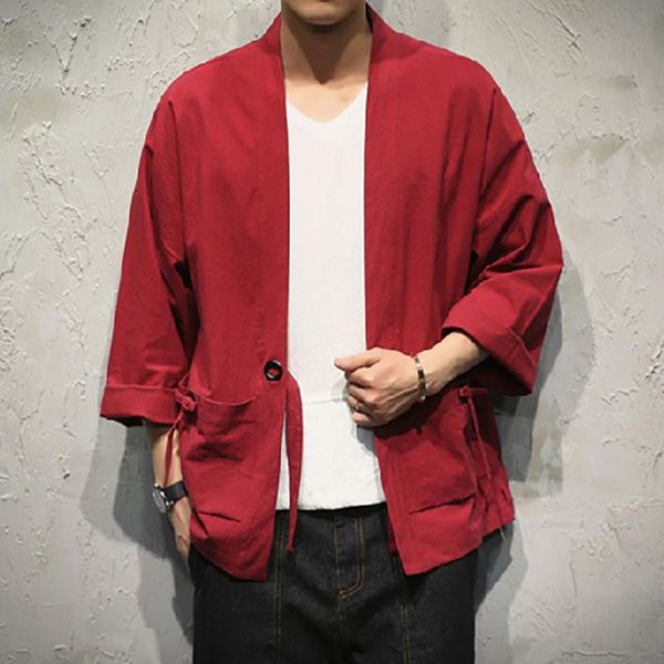 

men's jackets cotton linen cardigan jacket national style large solid color coat loose top, Black;brown