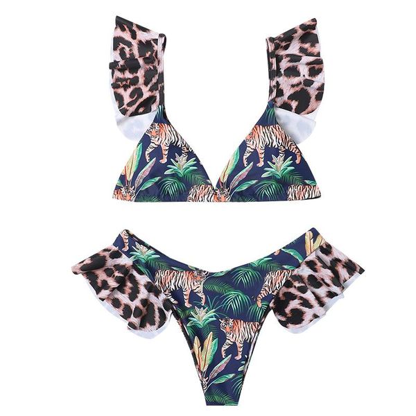 

women's swimwear ruffled cute stitching printed bikini 2-piece swimsuit, White;black