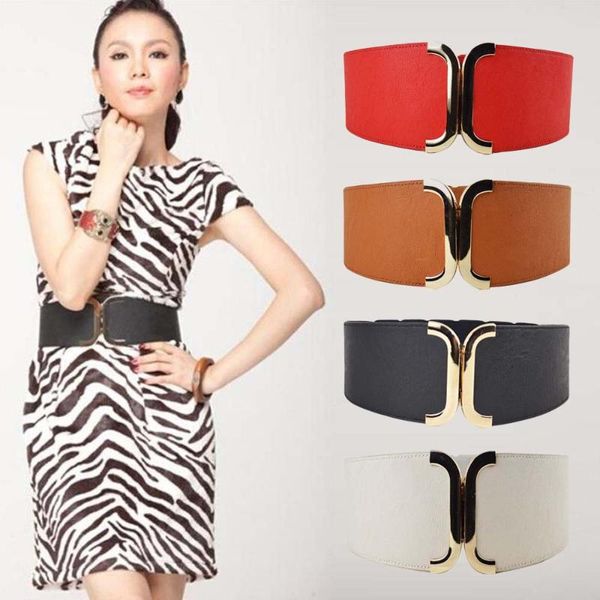 

belts fashion women elastic pu leather gold buckle waist strap stretchy dress adornment ladies wide waistband, Black;brown