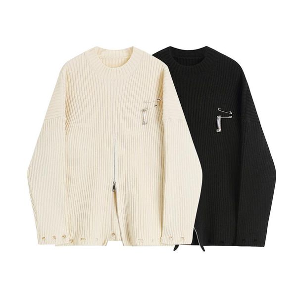

women's sweaters black sweater autumn winter clothes loose pullover pin decoration zipper bottoming shirt long-sleeve jacket, White;black