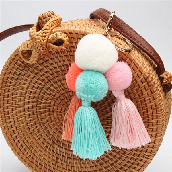 

10pcBoho Style Pompom Keychains Colorful Tassel Keyring Bag Hanging For Women Summer Jewelry