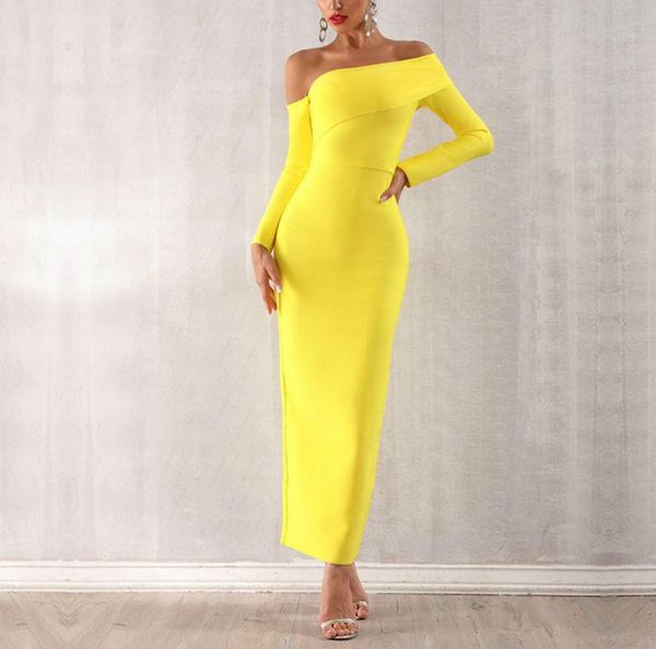 

casual dresses 2021 fashion women bandage dress one-shoulder yellow green celebrity bodycon vestido evening club slim maxi, Black;gray