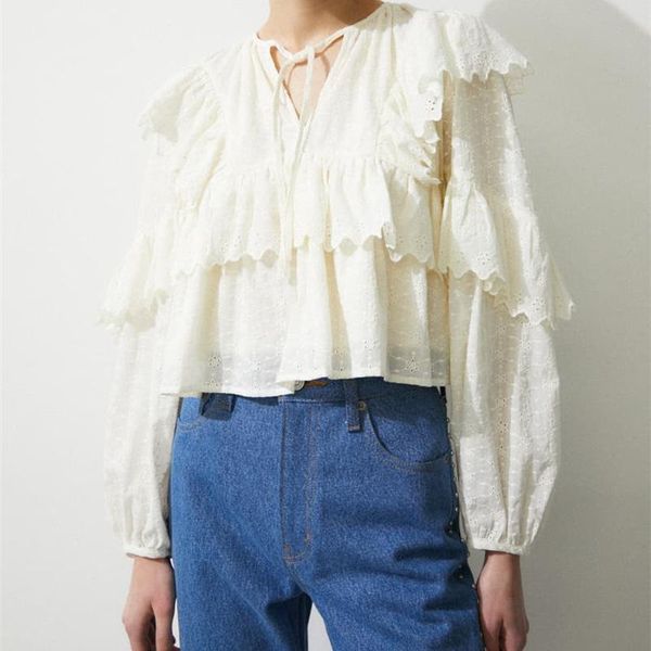 

women's blouses & shirts elegant temperament crop japan style long sleeve shirt women v-neck belt ruffled solid 2021 spring, White