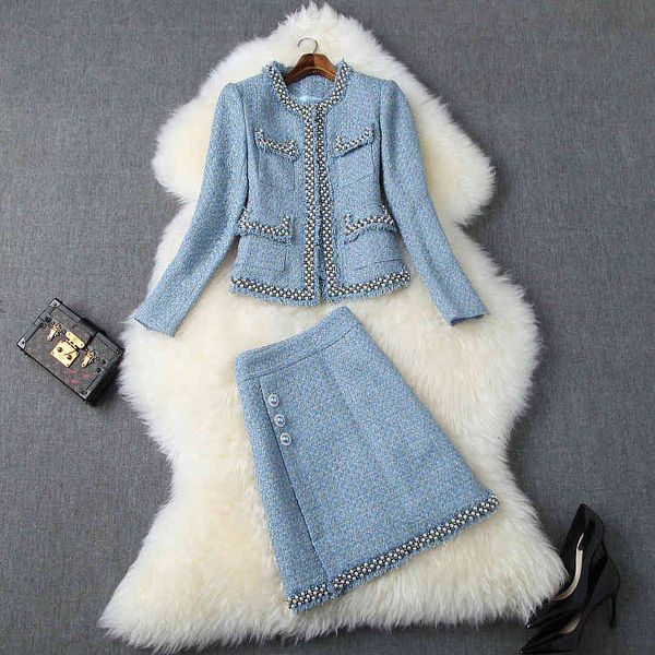 

dress autumn european and american women's wear long sleeve beaded coat skirts fashionable tweed suit kvx6, White