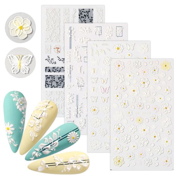 

stickers & decals 1pc flower butterfly embossed 5d nail white lace floral wedding art designs slider decoration for manicures, Black