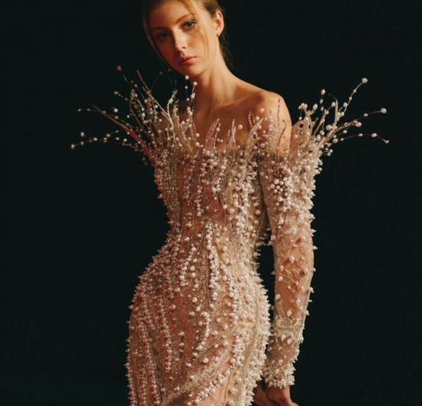 

evening dress women clothes balqeesfathi nawalelzoghbi white long sleeve off shoulder mermaid silver crystal pearls yousef aljasmi myriam fa, Black;pink