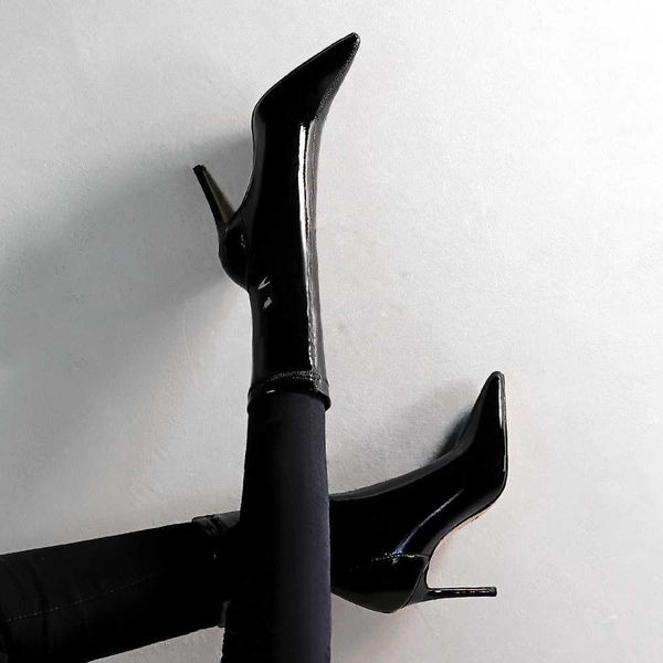 

auutmn winter boots shoes fashion brighte patent leather elastic boots women mid-calf slimming pointed black boots g315-13 210429