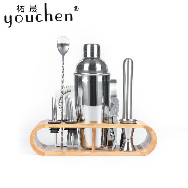 Set di shaker per cocktail da 12 pezzi 750ML/550/350 Shaker per utensili da bar in acciaio inossidabile con elegante supporto in bambù