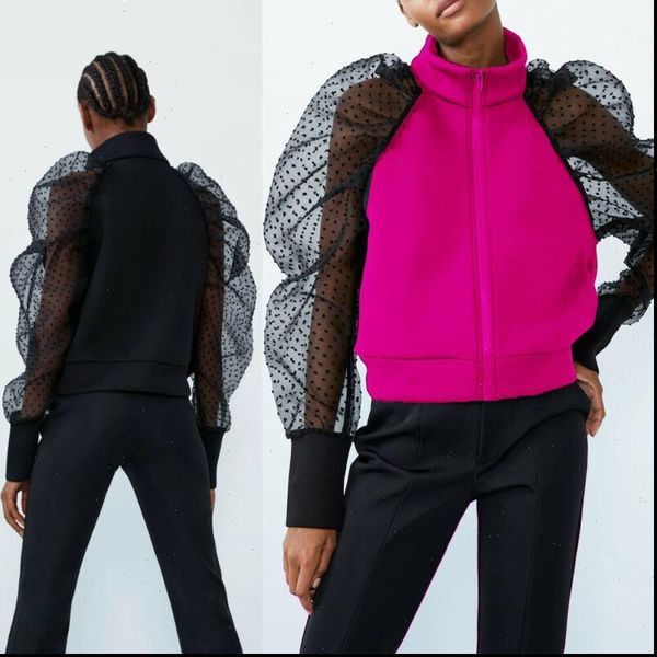 

high street turtleneck mesh womens shirts spliced puff sleeve loose cardigan blouse fashion neck warm top, White