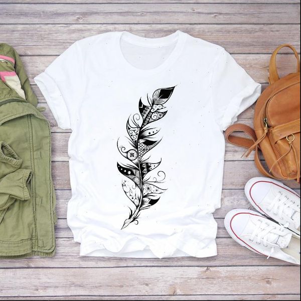 

women feather simple t shirts pirnted 90s camisas mujer clothes lady womens shirt ladies graphic female tee, White