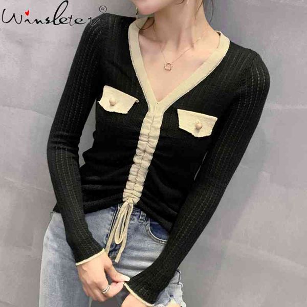 

women's sweaters fall winter korean style knitted sweater fashion v-neck drawstring lae up women all match kobieta swetry top, White;black