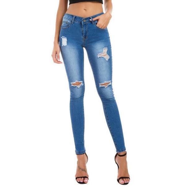 

women's jeans hole ripped skinny pencil pants women blue long denim vintage elastic casual stretch trousers female plus size