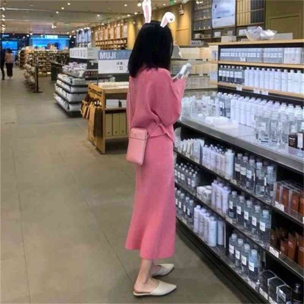 

genayooa solid set and long sleeve ladies winter knitted suits elegant two piece suit midi skirt women 210417, White