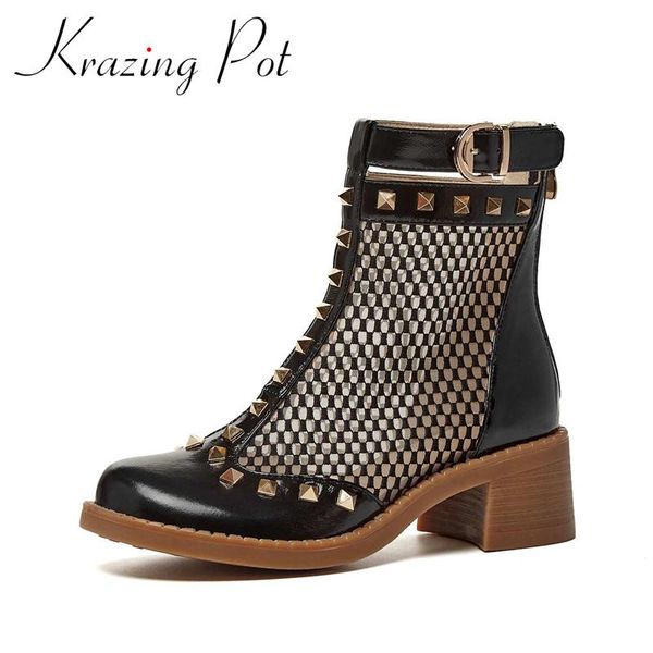 

krazing pot cow leather metal rivets breathable preppy style brand shoes solid vintage fashion zipper ankle summer boots l93, Black