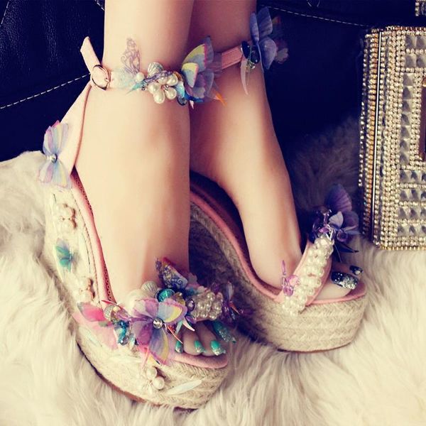 

sandals fariy applique butterfly pearl studs wedge rhinestone peep toe summer rope braid plattform ankle strap vacation shoes, Black
