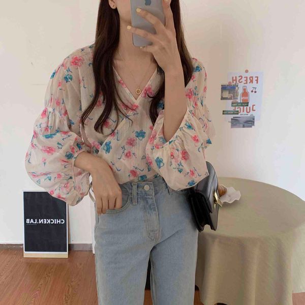 

blouses vintage beach holiday printed florals v-neck high waist blouses sunscreen vacation sweet chic girls clothe, White