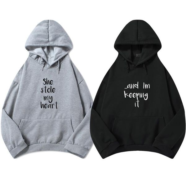 

women's hoodies & sweatshirts she stole my heart letter couple women men sweatshirt lovers casual oversized pullovers cotton hoodie sud, Black