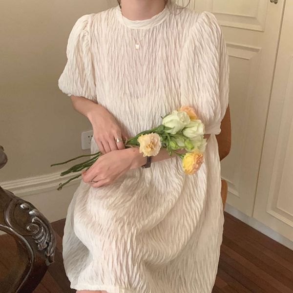

casual dresses dress women clothesfrench style round neck wrinkle texture design loose bubble sleeve i59e, Black;gray