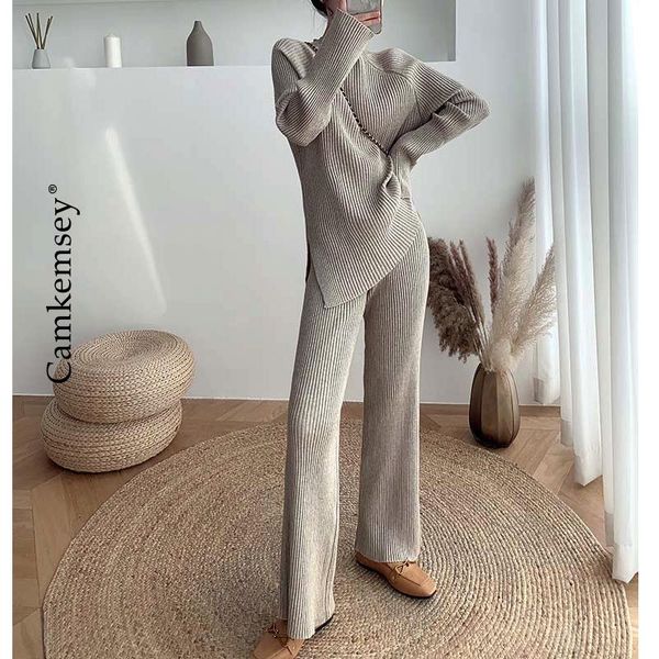 

women's tracksuits winter 2 piece sets women basic o-neck loose long sleeve sweater pullovers & knitted wide leg full pants tracksuit, Gray