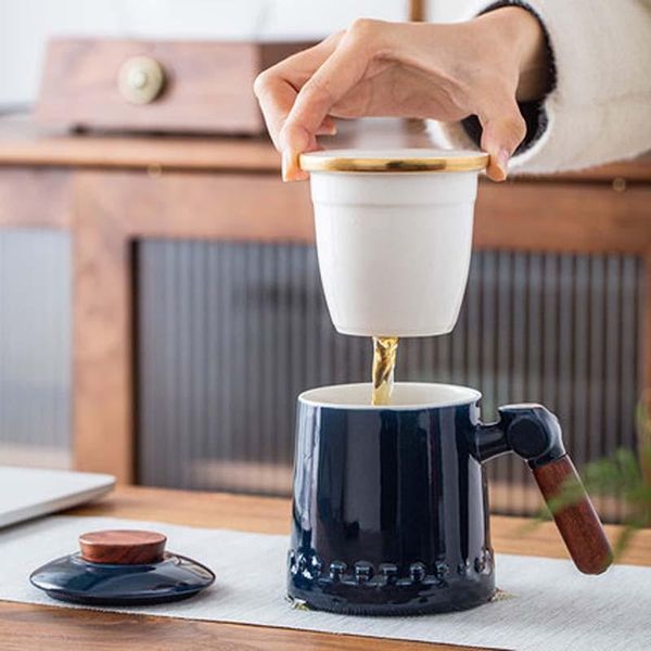 

chinese ceramic mug office tea water separation cup wooden handle with lid filter household mugs
