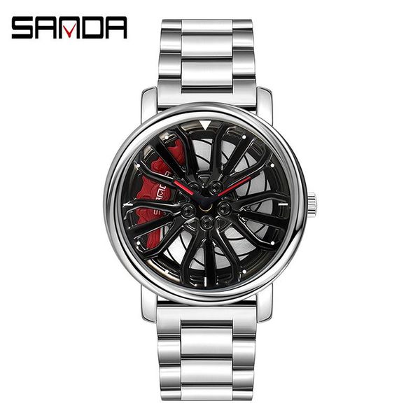 

wristwatches sanda fashion casual men's watch car wheel dial quartz wrist waterproof male clock relogio masculino, Slivery;brown